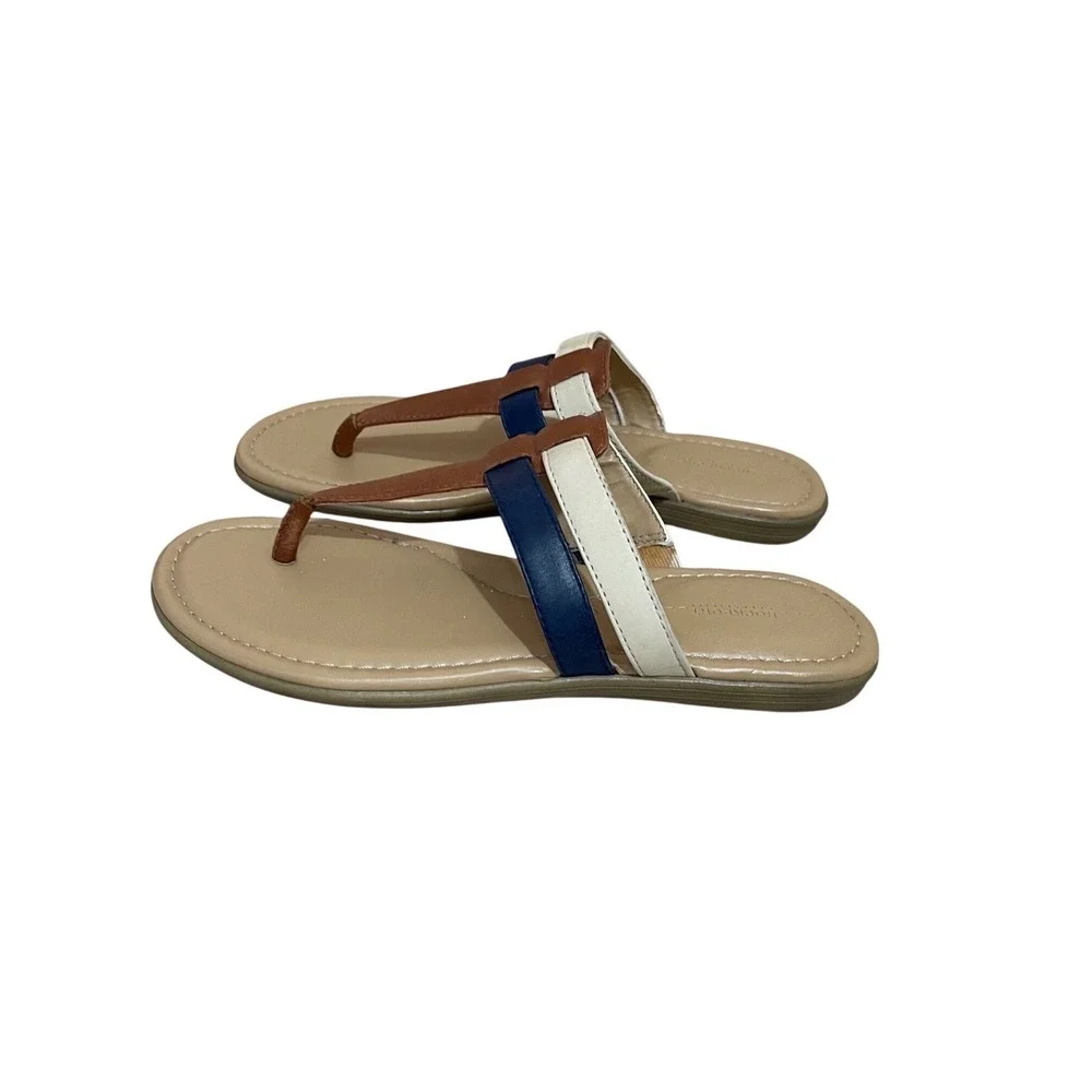 Rockport Walkability Leather Thong Sandals Navy Brown Cream Flat Slides Size 6.5